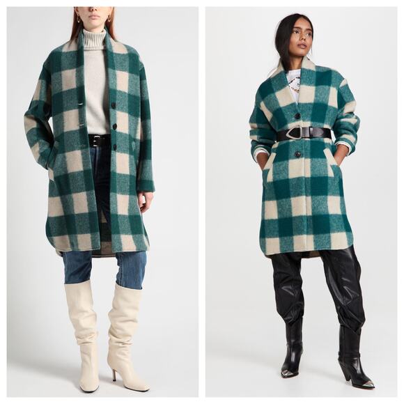 Isabel Marant Etoile Gabriel Teal Cream Checkered Wool Jacket Size FR 36 Small - Picture 2 of 11